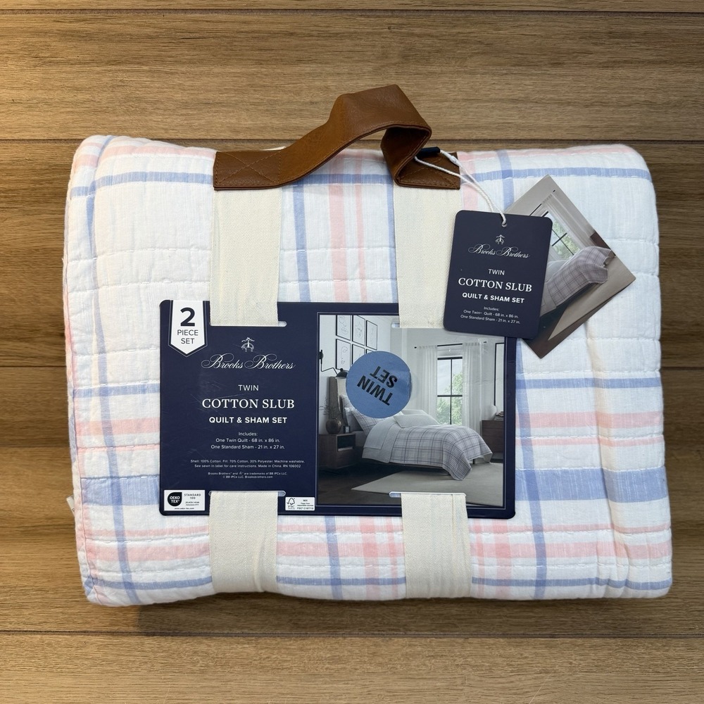 Brooks Brothers Cotton Slub Quilt and Shams 68x86 New Twin Pink Blue Plaid
